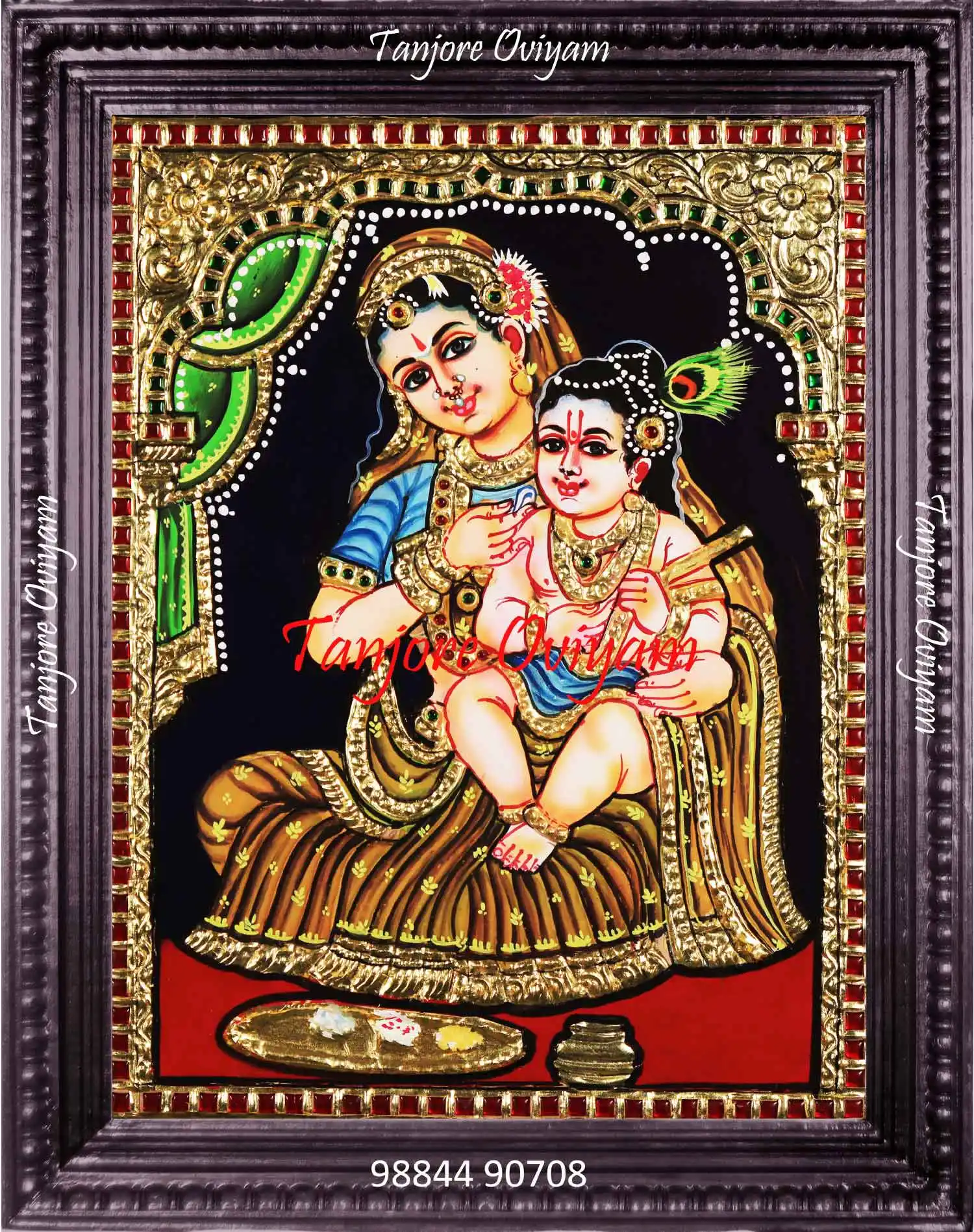 Yashodha Krishna Tanjore painting depicting mother Yashoda holding young Krishna with traditional gold foil work
